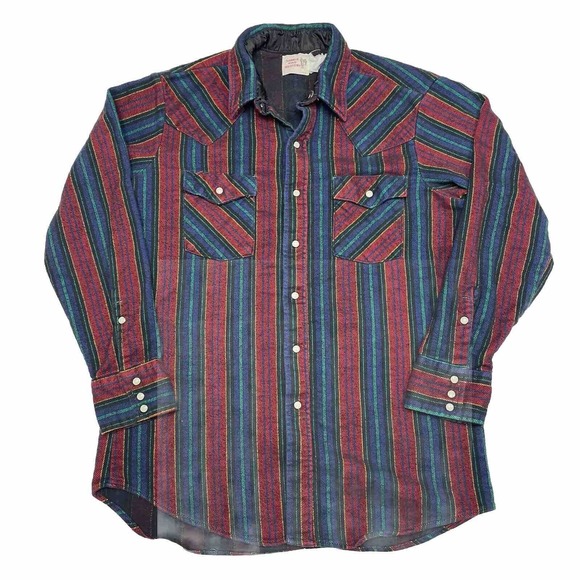 Vintage Saddle King Western Flannel Men's XL Pearl Snap Stripes Work Shirt - Picture 1 of 6